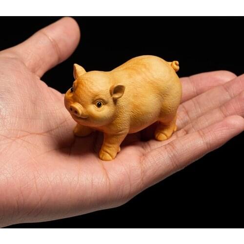 Wooden cute piggy desktop figurines Hand-carved crafts Zodiac Pig Home Office Desktop Decoration Gift statue free shipping