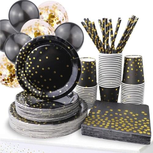 Black gold wave point quality disposable tableware plate pennant girl holiday birthday party decoration children bathing party