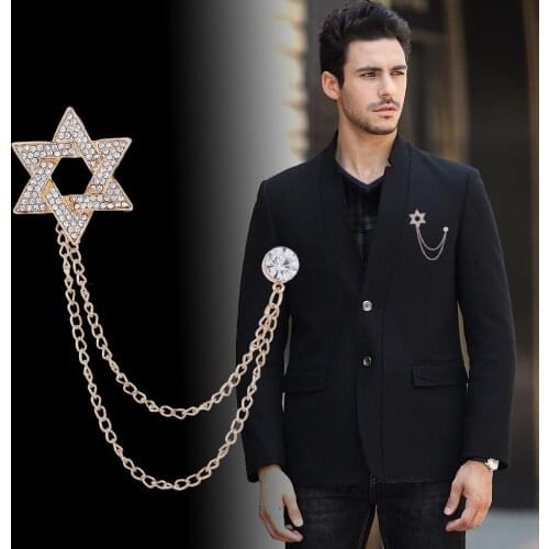 Korean Fashion Crytal Star Brooch Tassel Chain Lapel Pin Mens Suit Shirt Corsage Dress Collar Jewelry for Women Accessories