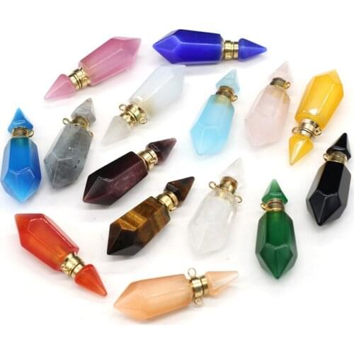 Natural Stone Rose Quartzs Perfume Bottle Pendant Crystal Essentail Oils Diffuser Connector Charms for Jewelry Making Necklace