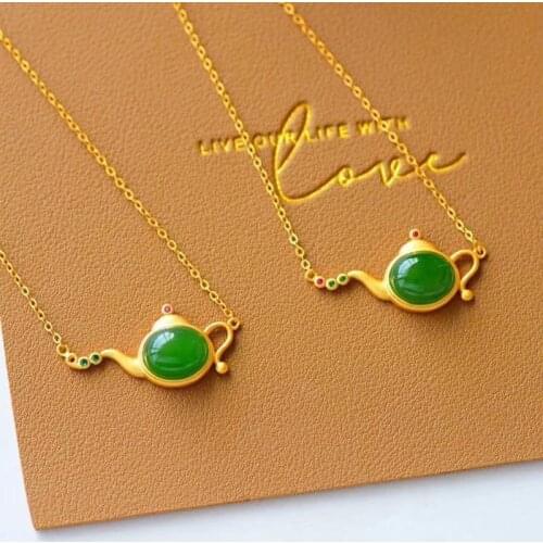 Natural Jasper Handle Pot Clavicle Necklace Set S925 Sterling Silver Ancient Silver Inlaid Everything Goes Smoothly Gift