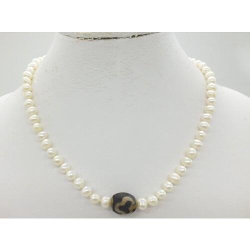 2019-4-18-1259# 6-7MM Natural White Pearl Necklace, Tibetan Dzi Bead, Amulet Necklace 18"