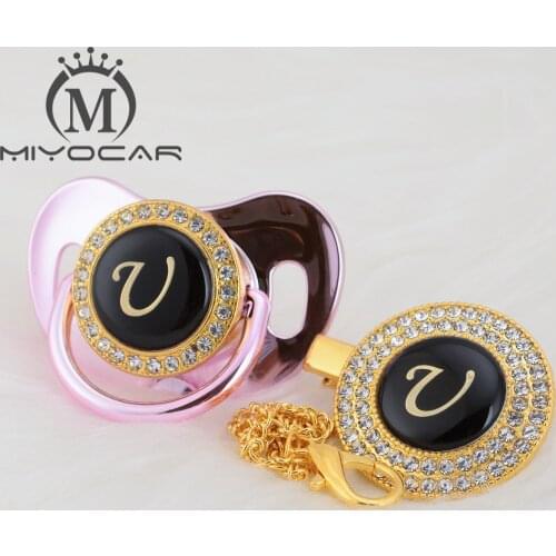MIYOCAR name Initial letter U elegant silver bling pacifier and pacifier clip BPA free dummy bling unique design SGS pass LU