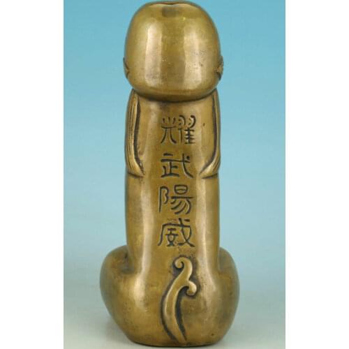 Old Bronze Foo Dog Lion male Carved Penis God Collect Statue Figure