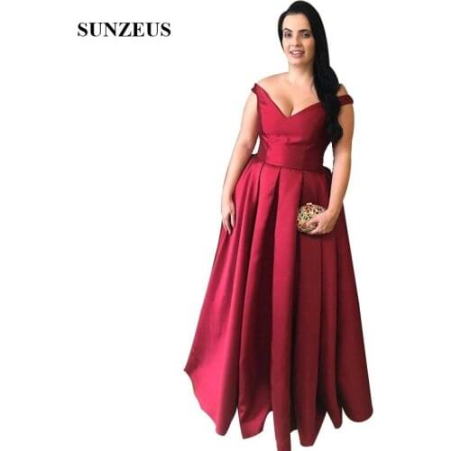 Wine Red Satin Mother Bride Dresses A-line V-neck Off Shoulder Women Long Formal Dress Simple Party Gowns Elegant