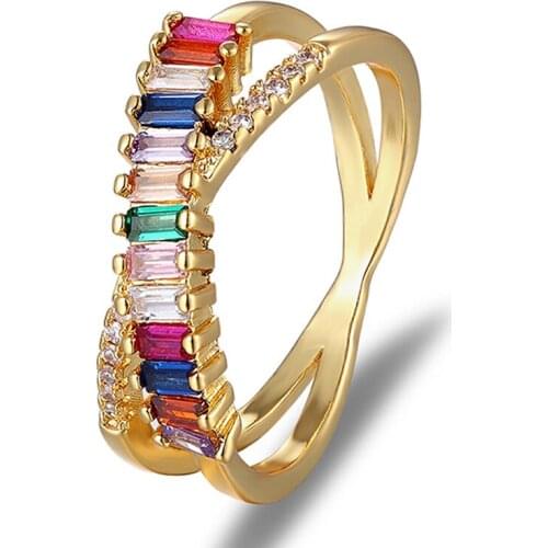High Quality X Cross Shape Fashion Copper CZ Rainbow Ring Charm Rhinestone Wedding Band For Women Party Original Crystal Jewelry