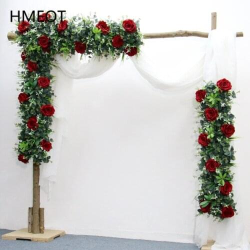 Green Eucalyptus Leaf Plants Rose Flower Row Outdoor Wedding Floral Arrangement Arch Decor Mariage Party Stage Backdrop Display