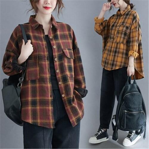 2021 Spring Fashion New Plus Size Women Clothing Loose Irregular Long-Sleeved Plaid Cotton And Linen Shirt Top Trend H090