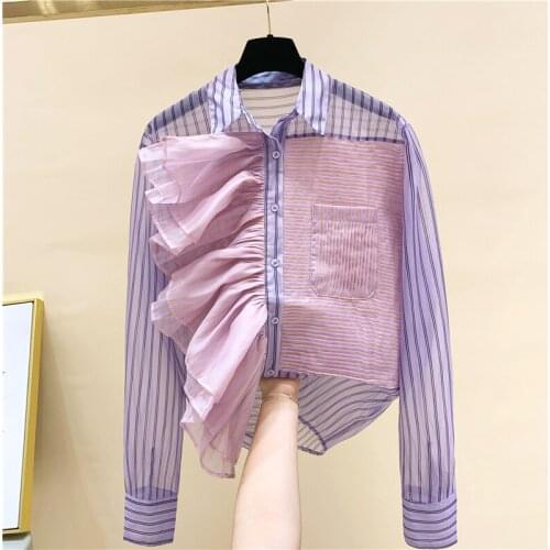 Ruffles Patchwork Striped Purple Women Shirts Summer New 2021 Pocket Long-Sleeved Lightweight Office Lady Outwear Tops