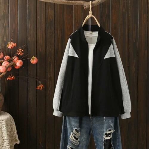 Women sweetshirts oversize fashion plus size stand collar loose Womens jacket black gray patchwork Womens clothing 2021