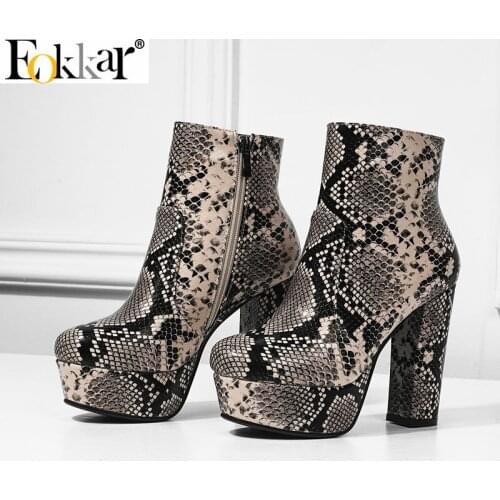 Eokkar 2020 Snake Prints Thick Heels Ankle Boots Women Round Toe 12CM High Heel Zipper White Platform Winter Shoes Size 34-43