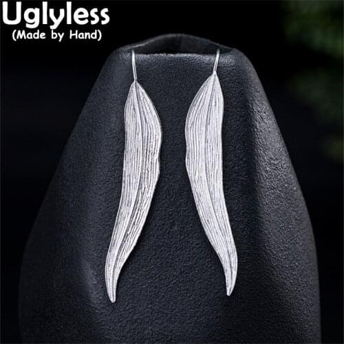 Uglyless French Romance Handmade Vivid Leaves Earrings for Women Summer Fashion Dress Long Leaf Earrings 925 Silver Ear Hooks