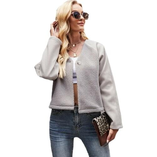 Fashion Lamb Wool Coat Womens Autumn and Winter New Loose Color Matching Cardigan Outerwear Matching V-neck Long Sleeve Top