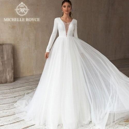 Michelle Royce A-Ling Wedding Dresses 2020 V-Neck Long Sleeve Cut-Out Backless Chapel Train Princess Gowns Vestido De Noiva