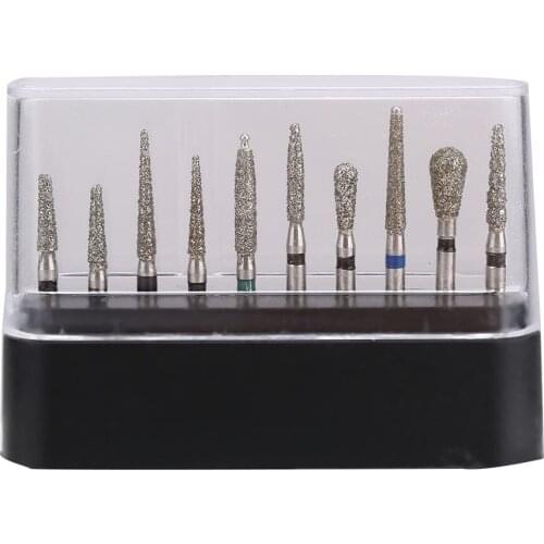 10Pcs Stainless Steel Diamond Powder Dental Burs 1.6mm High Speed Handpiece Emery Bits Disinfection Restoration Whitening Teeth