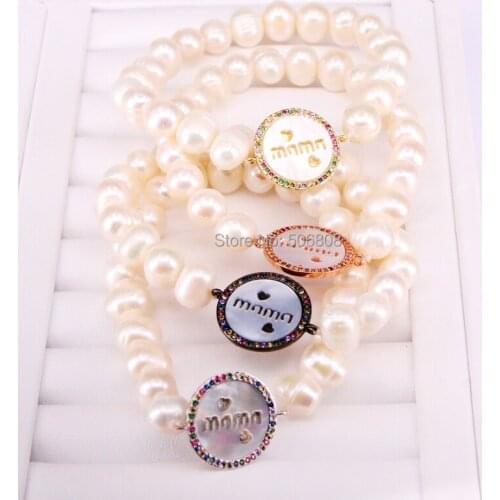 6PCS ZYZ-B2736 "mama" Jewelry Bracelet Colorful CZ Micro Pave round shell with nature pearl beads women Bracelet