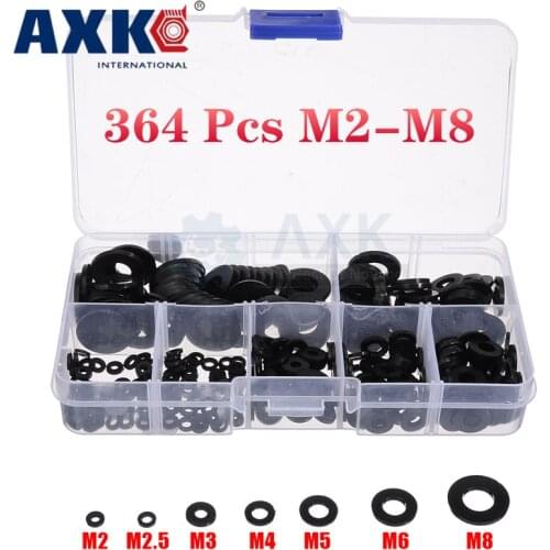 AXK 364pcs Black Nylon Rubber Flat Ring Plain Repair Washer Furniture Gasket Metric M2-M8 Assortment Kit with Box