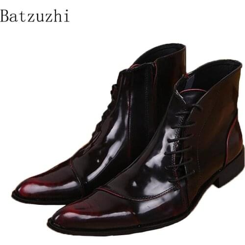 Batzuzhi Fashion Handmade Ankle Man Boots Leather Designer Boots Man Super Star Style Mans Dress Boots Wine Red Lace-up