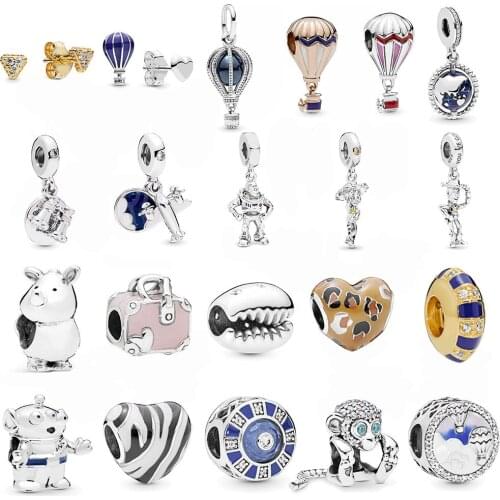 CHAMSS New S925 Blue Hot Air Balloon Monkey Athlete Pendant Beads Triangle Earrings Original Female Bracelet Wild DIY Jewelry