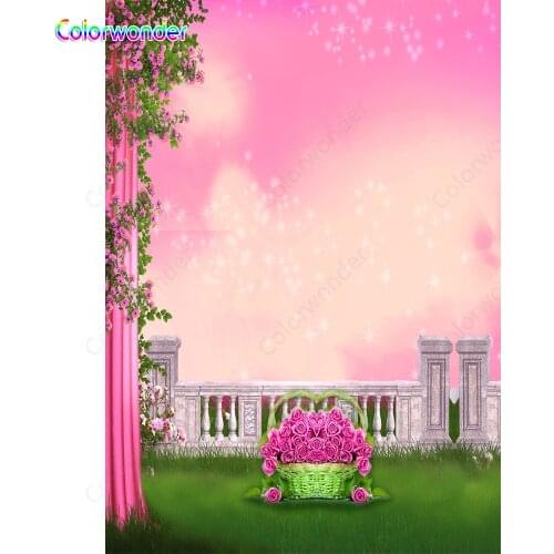 Colorwonder Photography Background Retro Brick Corridor Pink Curtain 5x7ft Basket with Rose Backdrop for Valentines Day Wedding