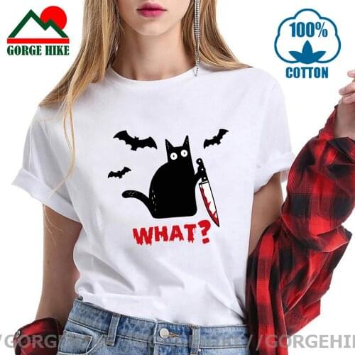Black Cat WHAT Printed T-shirt Women Murderous Cat Knife Funny T Shirts Summer Harajuku Short Sleeve Slim Fit Tops Tshirt Female
