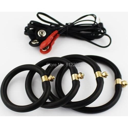 Electrical Stimulation Penis Rings With 4 Head Wires Time Delay Cock Ring Electro Shock Medical Themed Sex Toys For Men