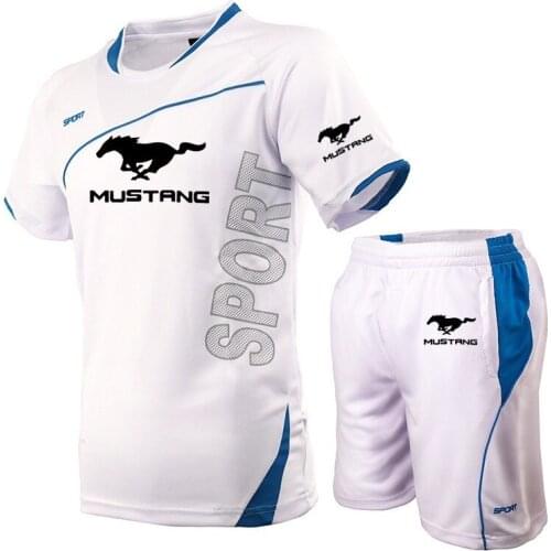 2021 NEW Summer Men T-shirt Mustang Car Logo Printing Splicing casual high quality cotton Mens short sleeve+shorts 2-piece set
