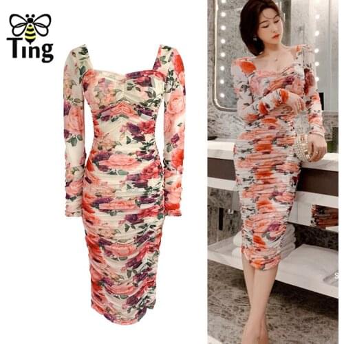 Tingfly Sexy Hot Pink Rose Flower Print Bodycon Party Night Dresses Women Vintage Curve Sheath Strenchy Knee Length Casual Dress