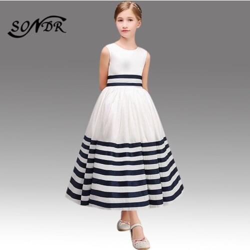 Flower Girl Dresses Stripe Print HT124 Elegant Princess Ball Gowns Back Bow O-neck Girls Pageant Dress Long Flower Girls Gown