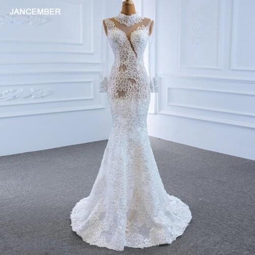 RSM67195 White Elegant Transparent Lace Long Sleeve Bridal Wedding Gown 2021 Backless Lace Up Applique Print Fishtail Dress