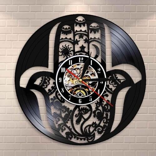Hand of Hamsa Wall Art Vinyl Record Wall Clock Magical Mandala Hand Wall Decor Jewish Mom Gift Evil Eye Decorative Art Clock