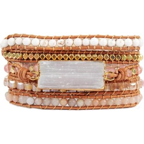 New Women Selenite Boho Bracelets crystal stone Leather Strap Woven Wrap Beads Bracelets