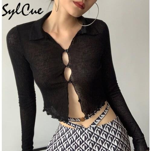 Sylcue Autumn new brunet fastens knit sweater coat soft and comfortable dew umbilical wild Outwear Slim fit Soft Comfortable