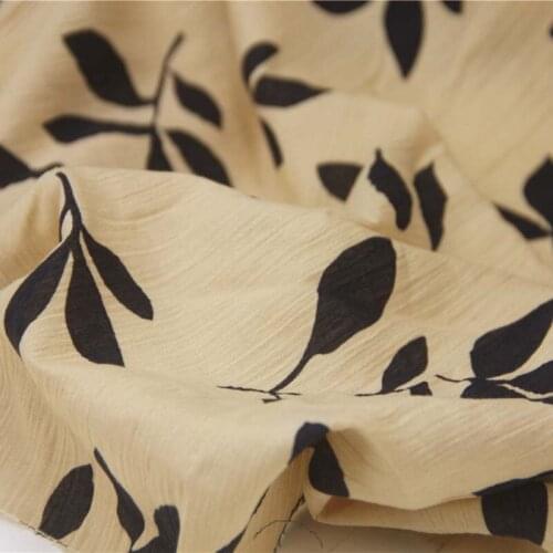 Camel Black Big Leaves Printed 100% Cotton Crepe Very Thin Fabric For Girl Summer Blouse Dress Sun-Protective Clothing Top