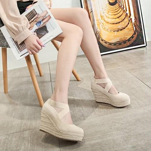 2021 New Wedges High Heels For Womens With Elastic Band Round Head Hemp Rope Weaving Single Shoes