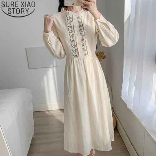 Vintage Floral Embroidery Dress Women Spring 2021 New Long Sleeve Apricot Dresses High Waist Vestido De Mujer Button Dress 12918