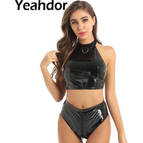 2Pcs Womens Wet Look Patent Leather Clubwear Lingerie Set Halter Neck Sleeveless Crop Top with High Cut Zippered Crotch Briefs