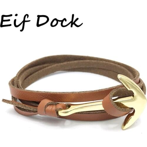 Eif Dock Handmade Brown Genuine Leather Bracelet Vintage Anchor Charm Bracelets Men Women Punk Personality Jewelry Accessories