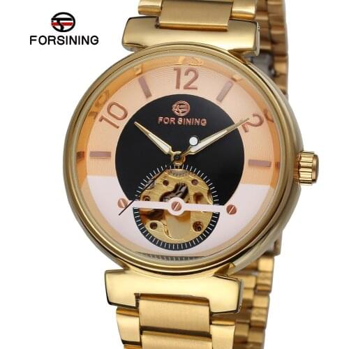FORSINING WATCH Creative luxury two-color dial rose gold strap mechanical mens wrist watch steel belt