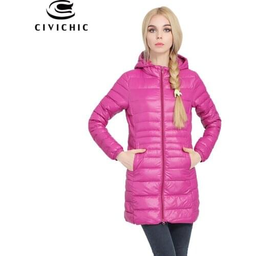CIVICHIC New Fashion Woman S-XXXL Light Down Jacket Girl Mid Long Thin Warm Coat Slim Hooded Outer Clothing Eiderdown Wear DC521