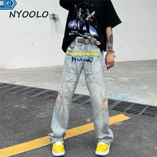 NYOOLO Harajuku Streetwear Rainbow Letters Embroidery Do Old Patchwork Washed Jeans Women Men Hip Hop Boyfriend Denim Pants