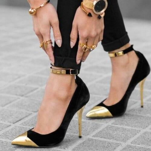 Hot Selling Black and Gold Ankle Strap Heels Stilettos Pumps Women Shoes Metallic Heels Pointed Toe Wedding Shoes Bride