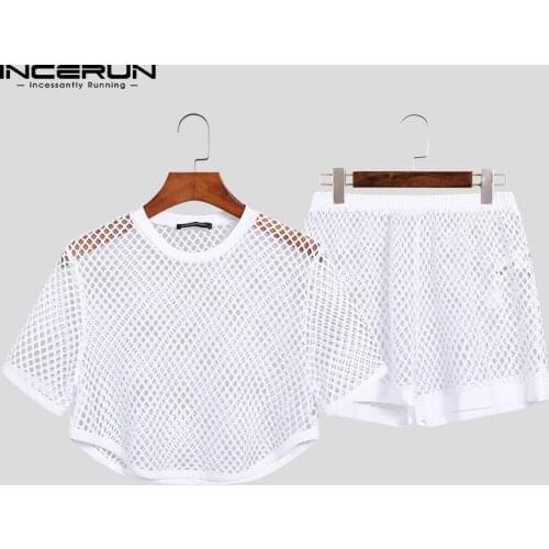 INCERUN 2021 Mens Suit Sexy Leisure Grid Perspective Fashion Homewear Comfortable Short Sleeve Round Neck Tops Shorts Sets S-5XL