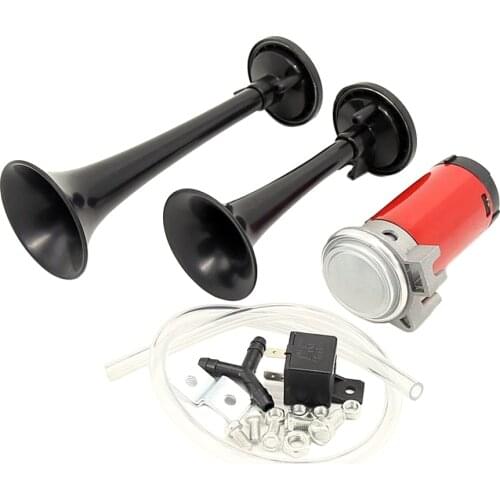 12V DC Dual Trumpet Air Horn Compressor Kit Powerful Loud 130DB for Car Van Truck Boat Train - Black