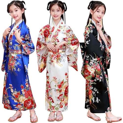 Kids Girl Japanese Geisha Costume Deluxe Blossom Kimono Yukata Robe with Obi Belt Party Performance Wear Halloween Fancy Dress