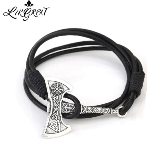 LIKGREAT Compass Aegishjalmur Helm of Axe Viking Bracelets for Men Women Valknut Scandinavian LeatherCord Charm Bracelet Jewelry