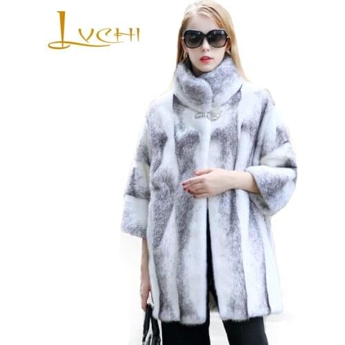 LVCHI Mandarin Collar Womens Import Swan Velvet Cross Mink Coat 2019 Winter Real Mink Fur Coats Nine Quarter Striped Mink Coat