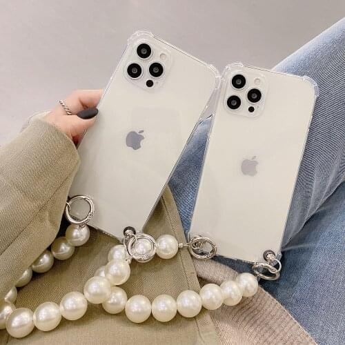 Cute Pearls Wrist Chian case For iPhone 12Pro 11Pro MAX 7 8 Plus XR XS 12 Mini SE 2020 Bracelet Soft Silicon Clear Phone cover