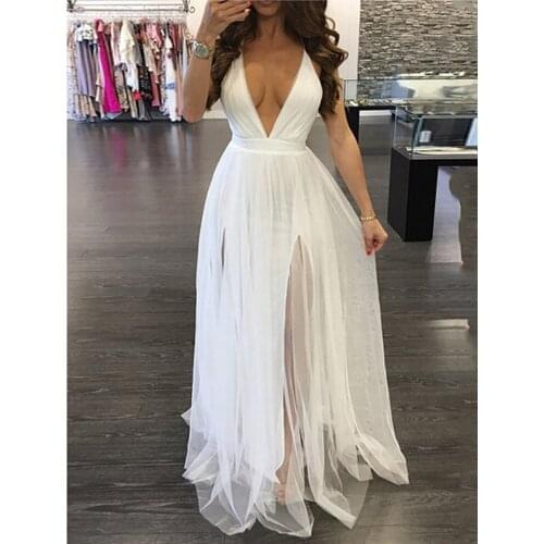 Fashion solid color sling dress women Sexy mesh see-through evening gown wedding dress Nightclub beach dress white dress