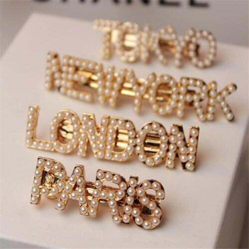 Fashion Imitiation Pearls Letter Hair Clips For Women City Paris New York Tokyo London Hairpins Barrettes Accessories